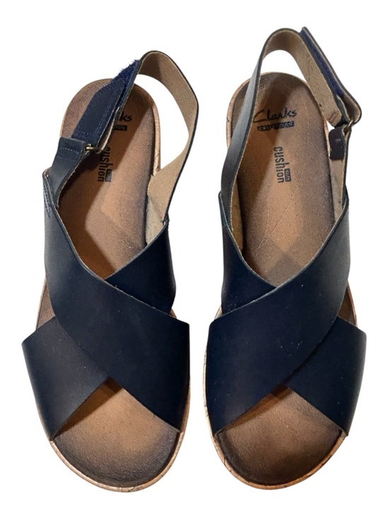 Clarks Shoes - Clarks Collection Cushion Soft Penny Navy Leather Cork Wedge Slingback Size 8